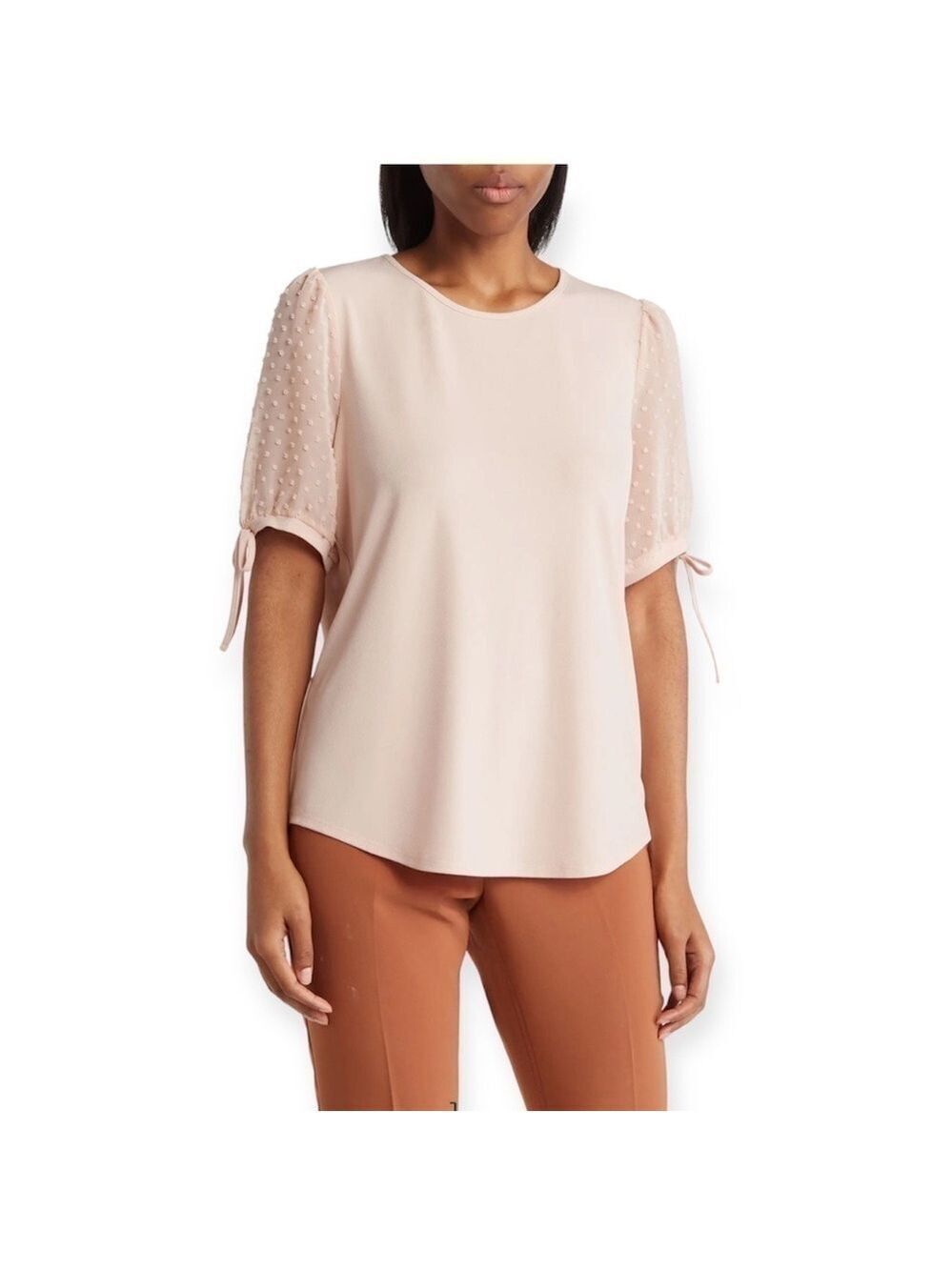 Adrianna Papell Crepe Clip Dot Champagne Blouse Size M